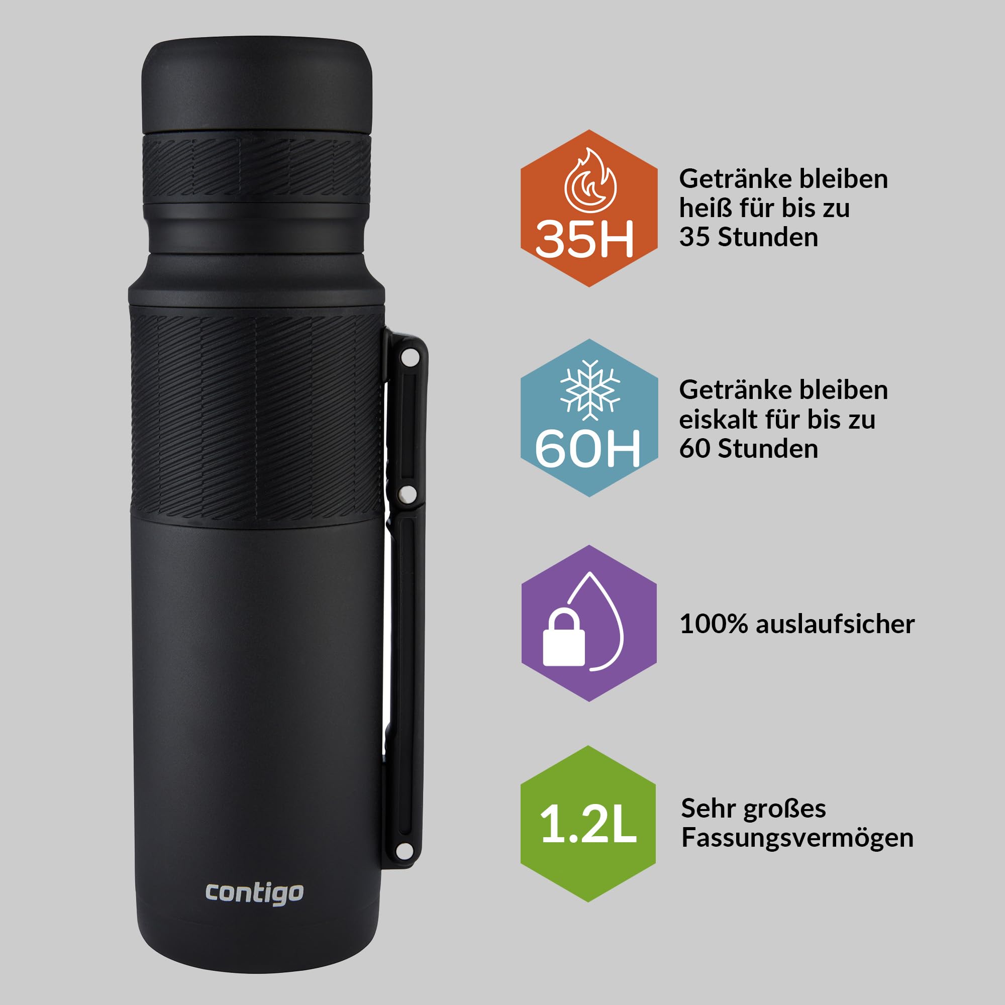 Contigo Thermoflasche Thermalock, Edelstahl Isolierbecher, Kaffebecher to go, auslaufsicher, spülmaschinenfester Deckel BPA-frei, mit Griff, 1200 ml, Matte Black