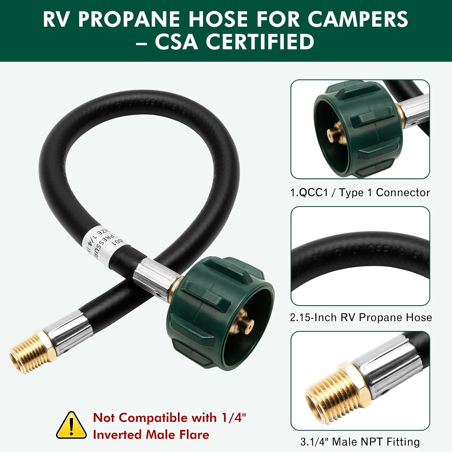 2 Pack 15” RV Propane Hose for Dual LP Tanks, QCC1/Type 1 to 1/4” Male NPT, Four-Layer Camper Propane Tank Hose, CSA Certified, 350 PSI
