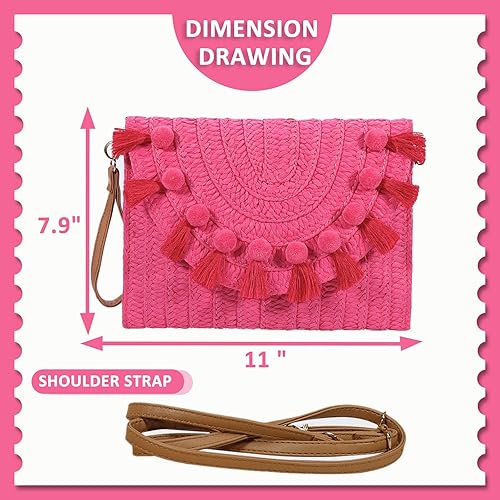 Miniatura 2 de Bolso cruzado de paja para mujer, bolsos de mano rosas, bolsos tejidos bohemios hechos a mano, bolsa de playa de verano con borlas, cartera tipo
