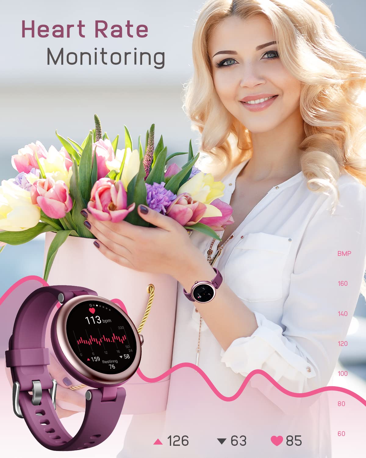 SHANG WING LYNN Smartwatch Donna Orologio Fitness Sportivo Smart Watch Tondo Quadrante Android iOS Activity Tracker Cardio SpO2 Impermeabile IP68 Sfondo Personalizzabile Ciclo Mestruale Timer Viola