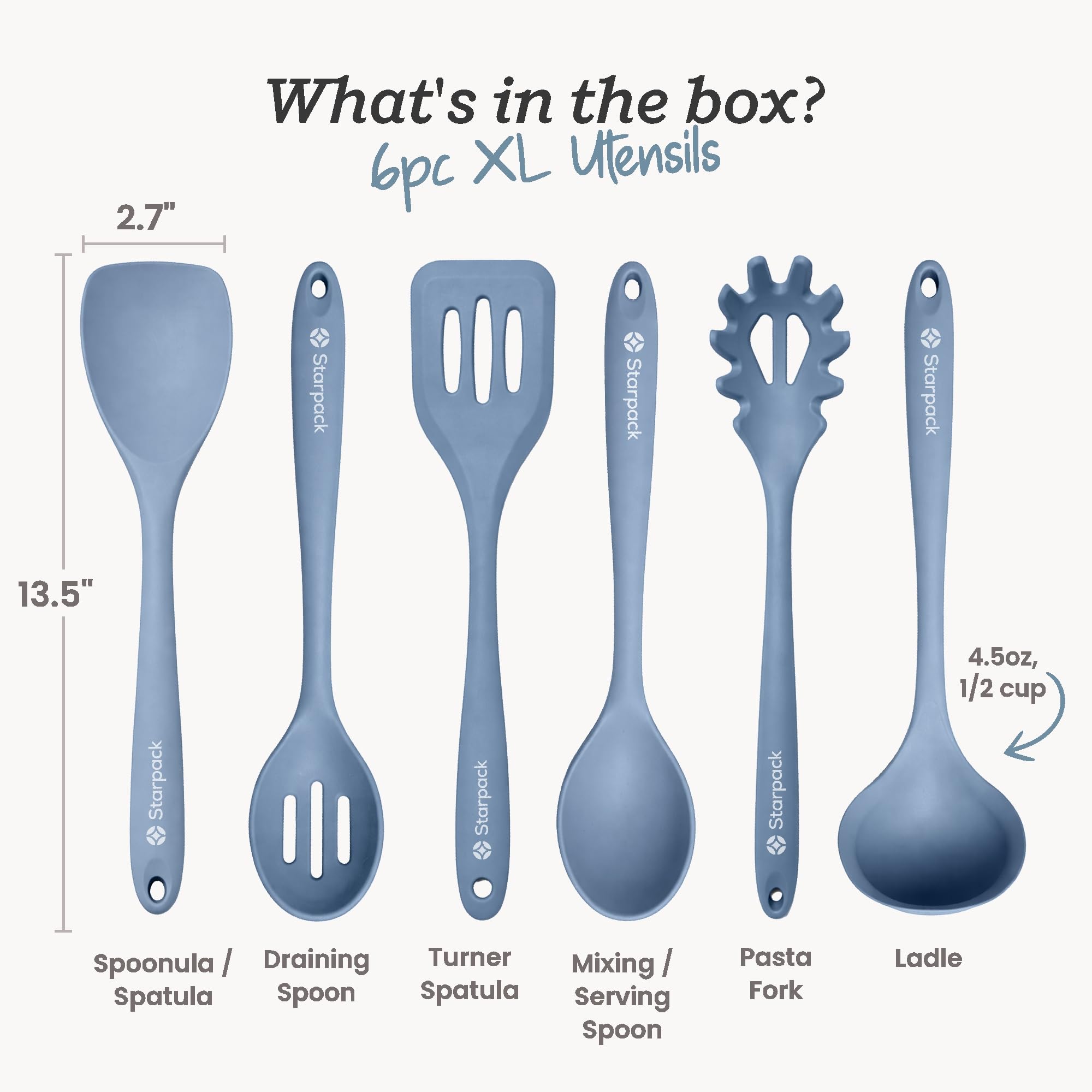 Starpack Like a Boss XL - Juego de utensilios de cocina de silicona (6 piezas, 13.5 pulgadas), certificado LFGB, resistente al calor hasta 315.6 °C, sin BPA, núcleo de acero resistente, apto para