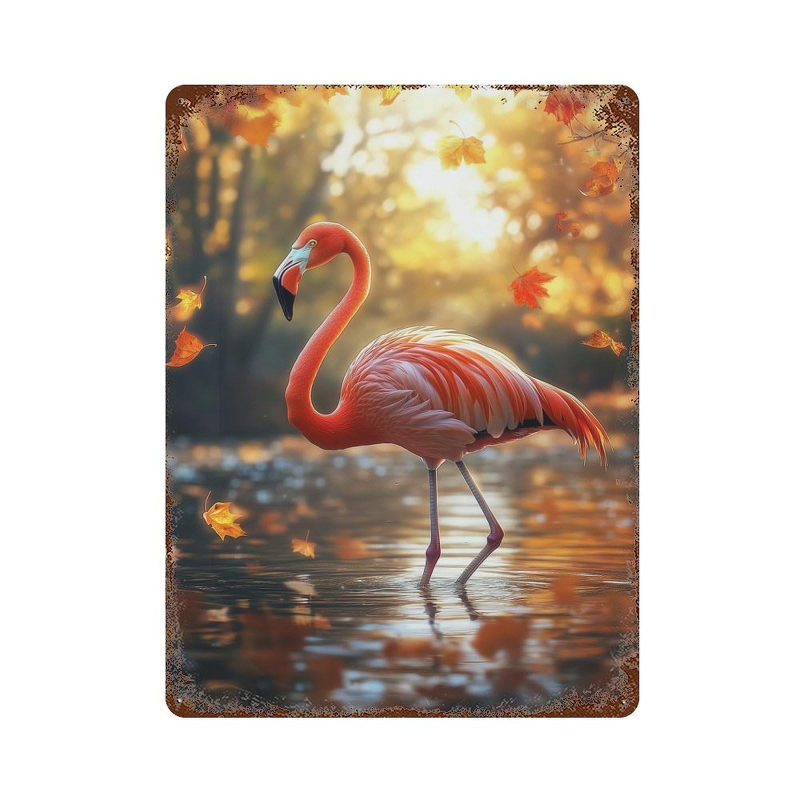 Rust Effect Pink Flamingo in Autumn Vintage Rust Metal Sign 15.7"x11.8", Classic Wall Plaque for Shed, Workshop And Garage Wall Decor
