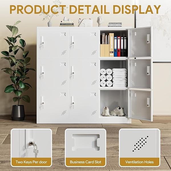 9 Door Locker, Stackable Locker Unit with Lock and Ventilation, Cold-Rolled Steel Cabinet, for Factory, Office, School, Gym, White - 5