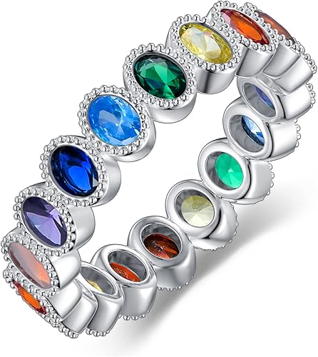 MBSUUH Chakra Ring 925 Sterling Silver Oval 7 Colorful Cubic Zirconia Chakra Rai