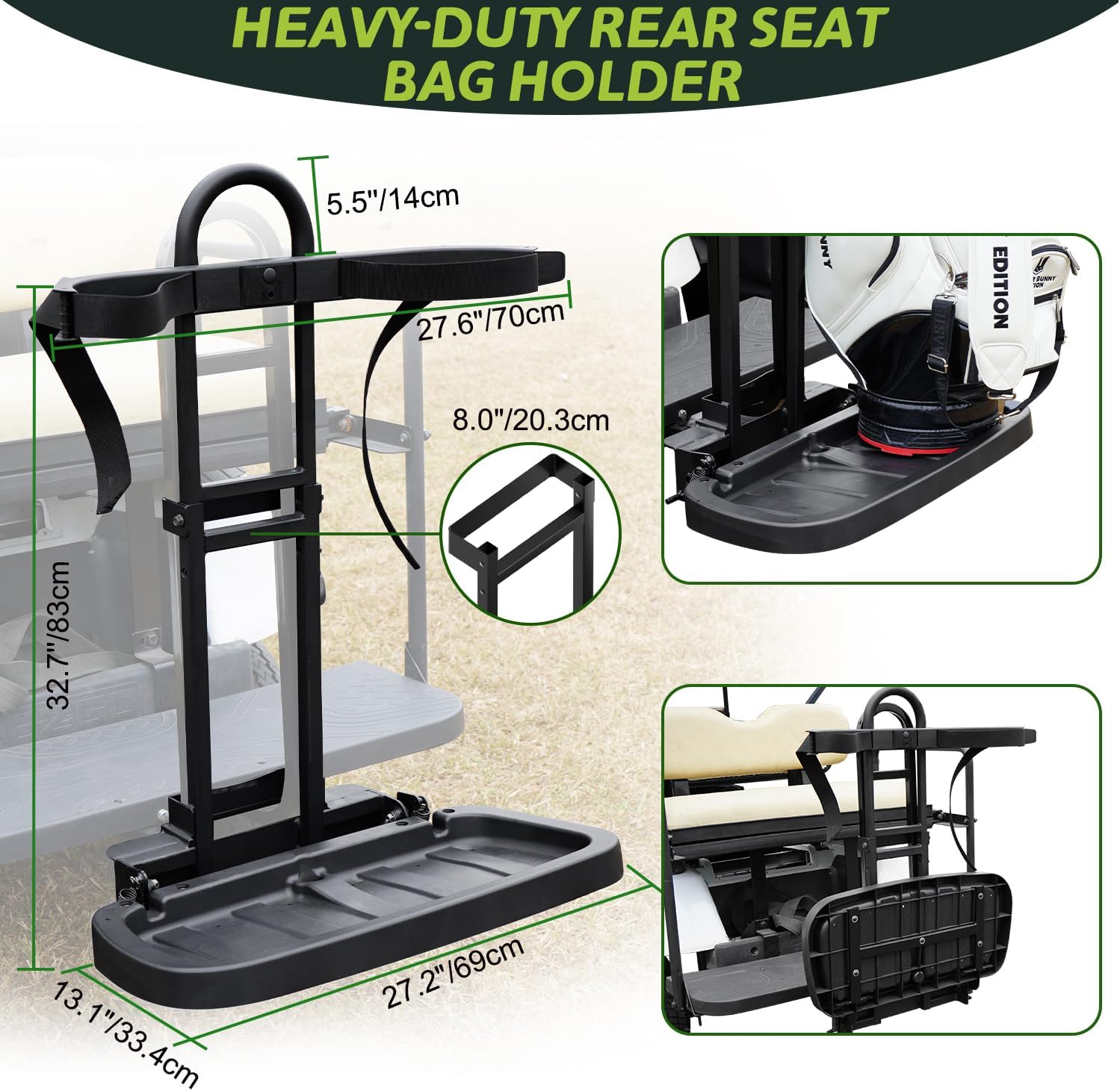 Foldable Golf Cart Rear Seat Bag Holder, Universal Compatible with EZGO/Club Car/Yamaha, Fits Rear Seat Grab Bar Maximum 8'' Wide, Easy Installation/No Drilling Required