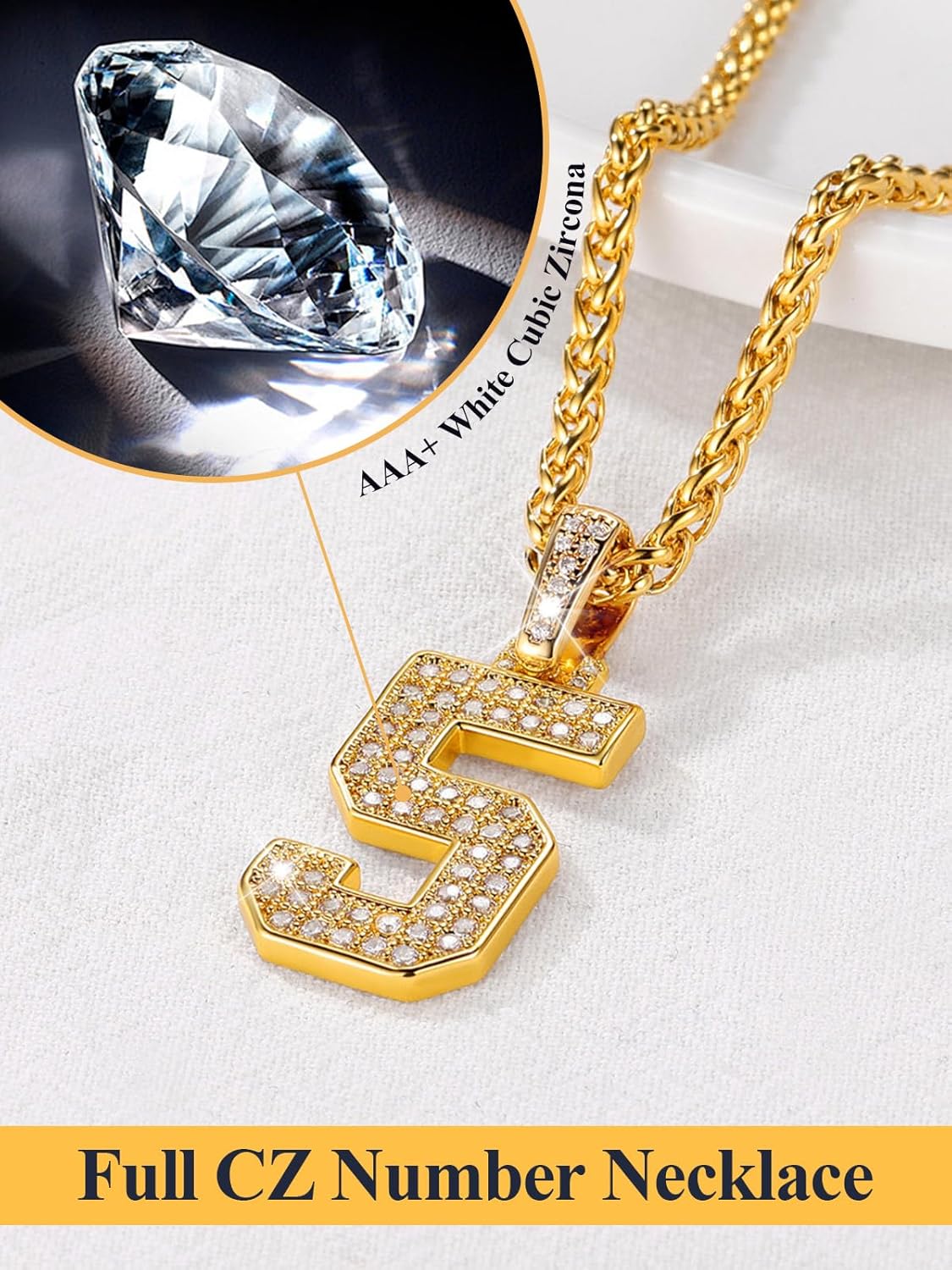 U7 Gold Initial Number Necklace for Men Women, 18K Gold/Silver Plated Diamond CZ Letter Pendant Necklace Big A-Z 0-9 Hip Hop Jersey, Customerized Letter Wheat Chain 22 Inch for Athletes Rappers - Image 7