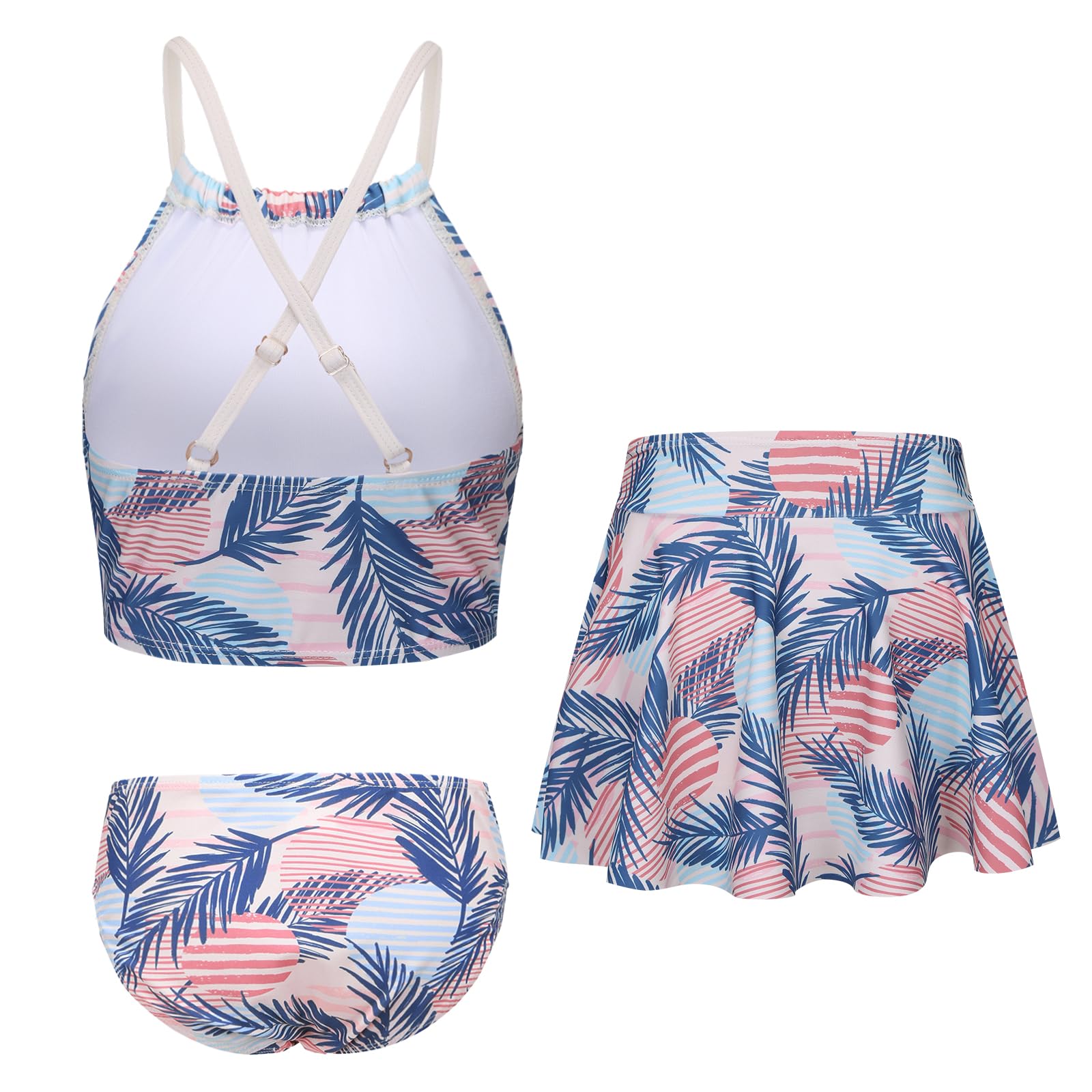 Lollisy Big Girls 3 Piece Swimsuits for Teen Girls Bikini Set with Skirt Hawaiian Bathing Suits Beach Swimwear Amazing Palm Leaves Size 16/7-16 Years