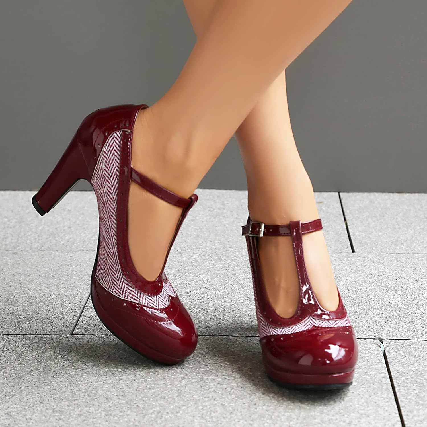 Women's Mary Jane Two Tones 1920s Pump HeelsWingtip Classic and Retro Oxford Pattern Vintage Round Closed Toe 1950s Ankle Strap Dress Shoes - Image 2