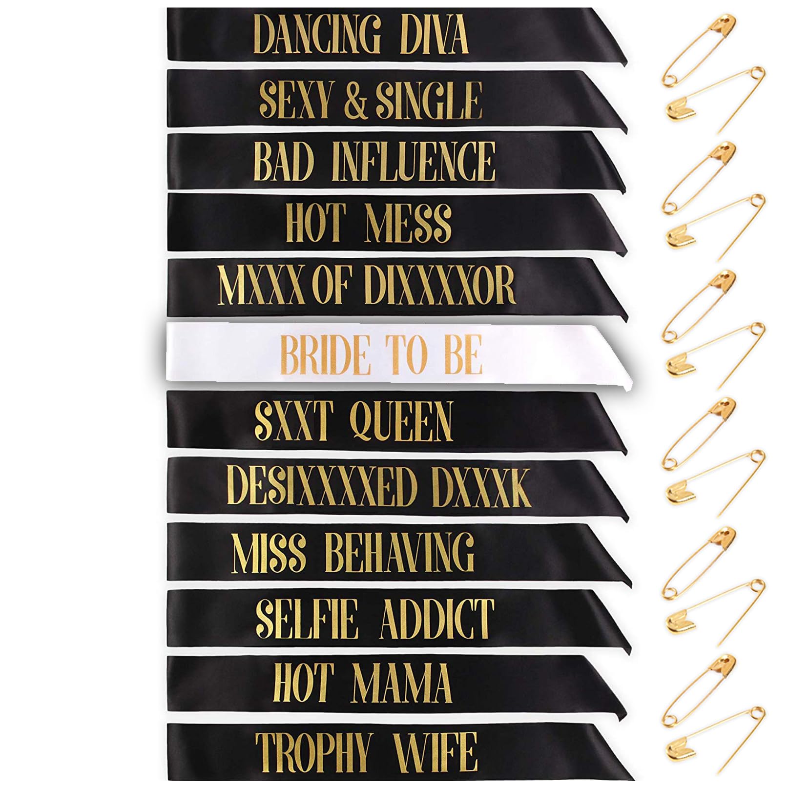 STAY GENT 12 Pieces Bride to Be Sashes Set 11 Pieces Black with 1 Piece White Sashs Gold Text for Hen Night Party Wedding Ladies Night Out