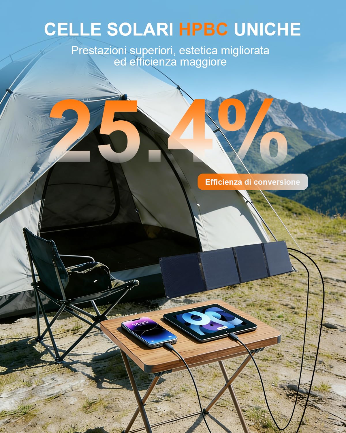 ELECAENTA 30W Pannello Solare Portatile con HPBC 25.4%, Caricabatterie Solare Portatile con 2 Porte USB-A e USB-C, IP68 Impermeabile per Cellulare/Tablet/Power Bank per Campeggio Escursioni Emergenza