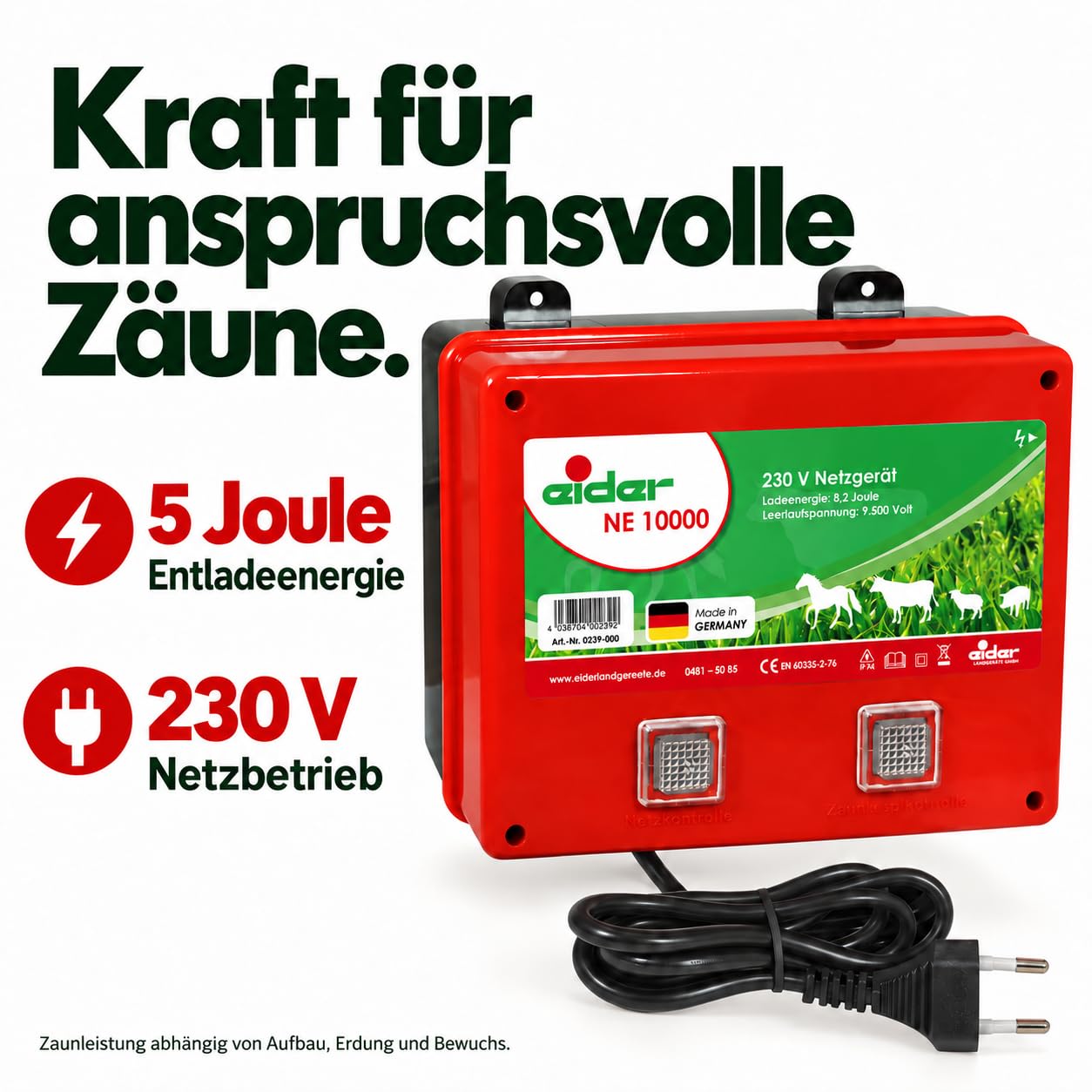 Clôture Appareil Eider ne 10000 0239–000 Bloc d'alimentation 230 V énorme 8.2 Joule – Longue Clôtures, bewuchs puissant pour bovins, Chevaux, chèvres – Top également comme Wild Clôture