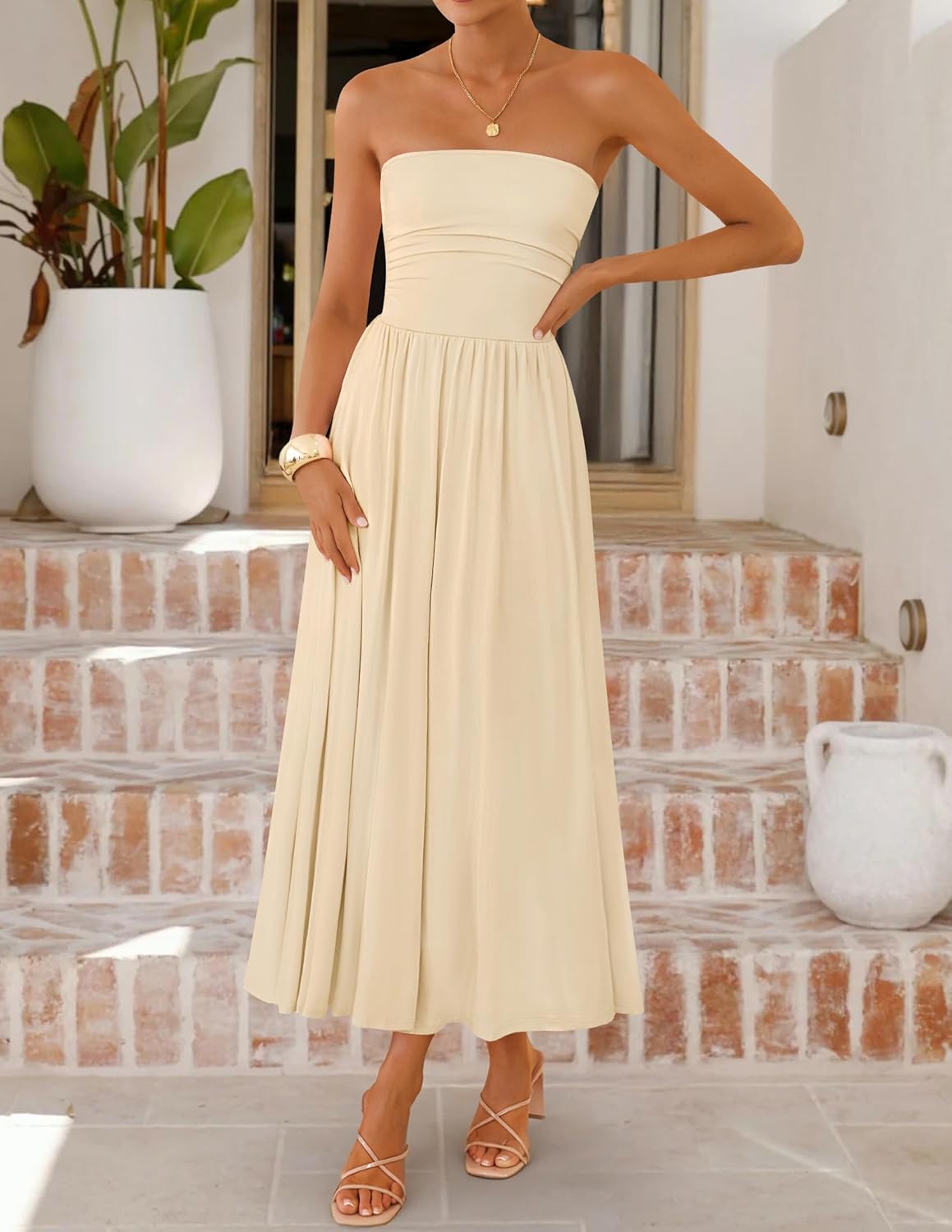ZESICA Women's Summer Sleeveless Midi Dress 2026 Strapless Ruched A Line Flowy Wedding Guest Party Beach Long Dresses - Image 6