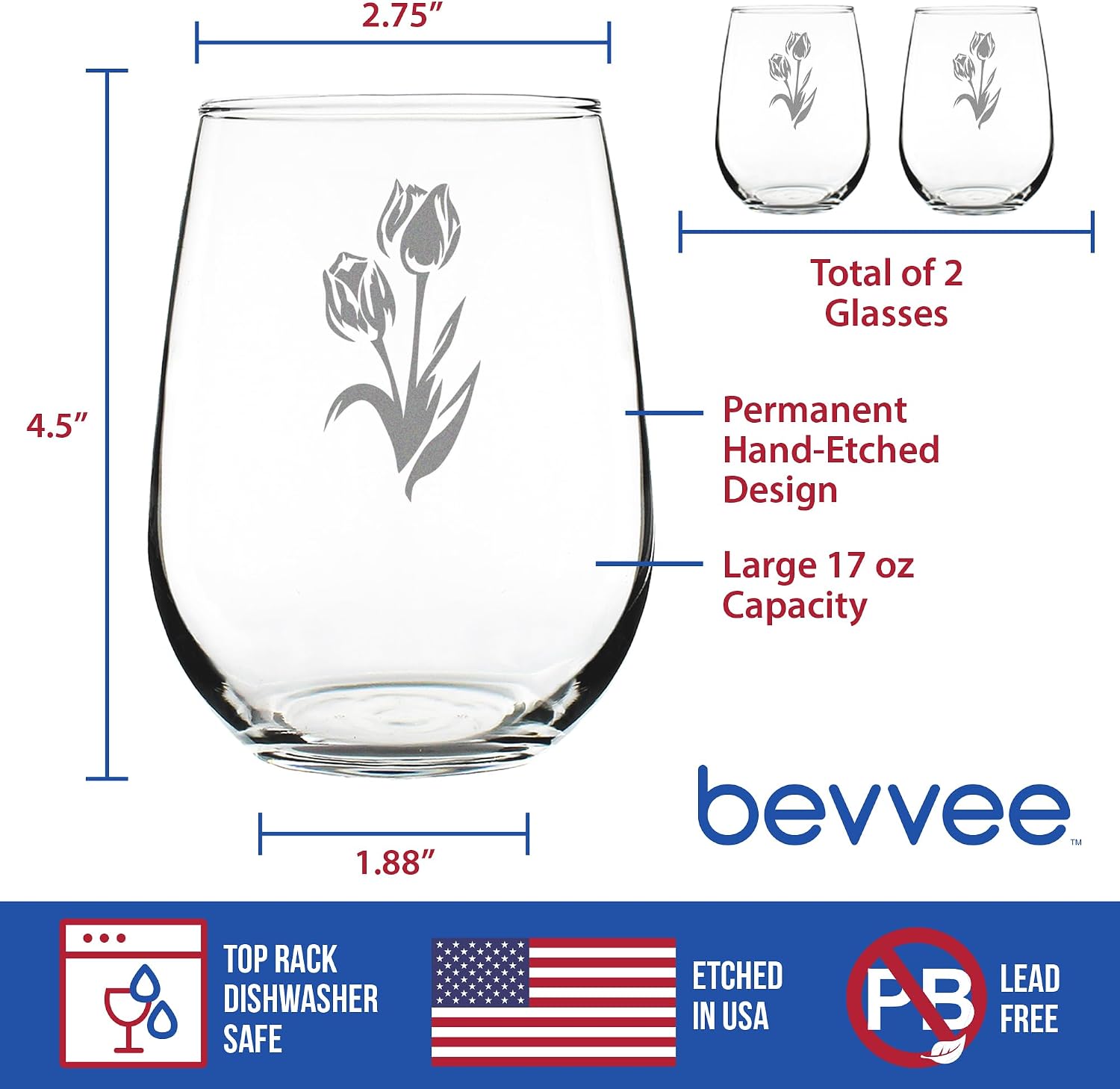 Bevvee Tulip Stemless Wine Glass - Floral Themed Decor and Gifts for Flower Lovers - Set of 2 - Large 17 Oz Glasses