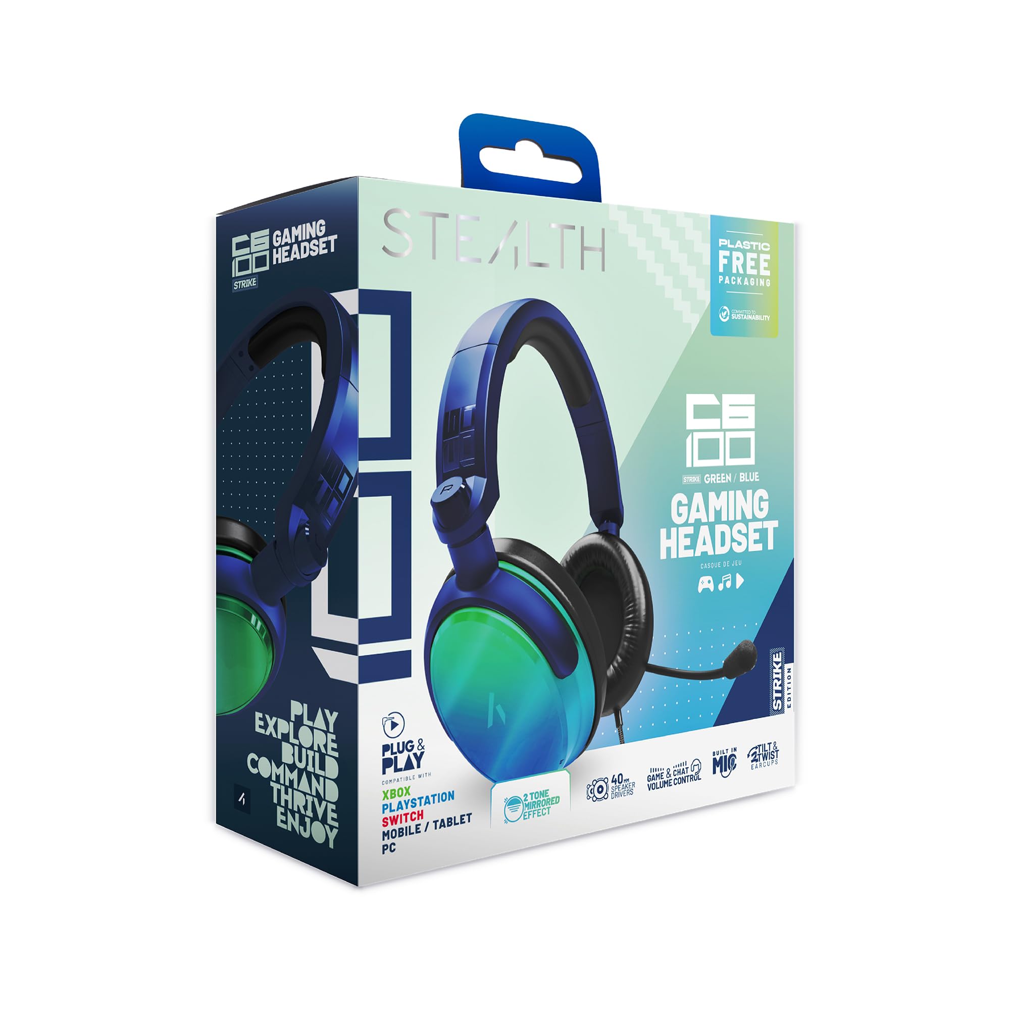 STEALTH C6-100 Gaming Headset STRIKE - Grün & Blau, Multiplattform-kompatibel mit Xbox, PS, Switch, PC, Handy und Tablet