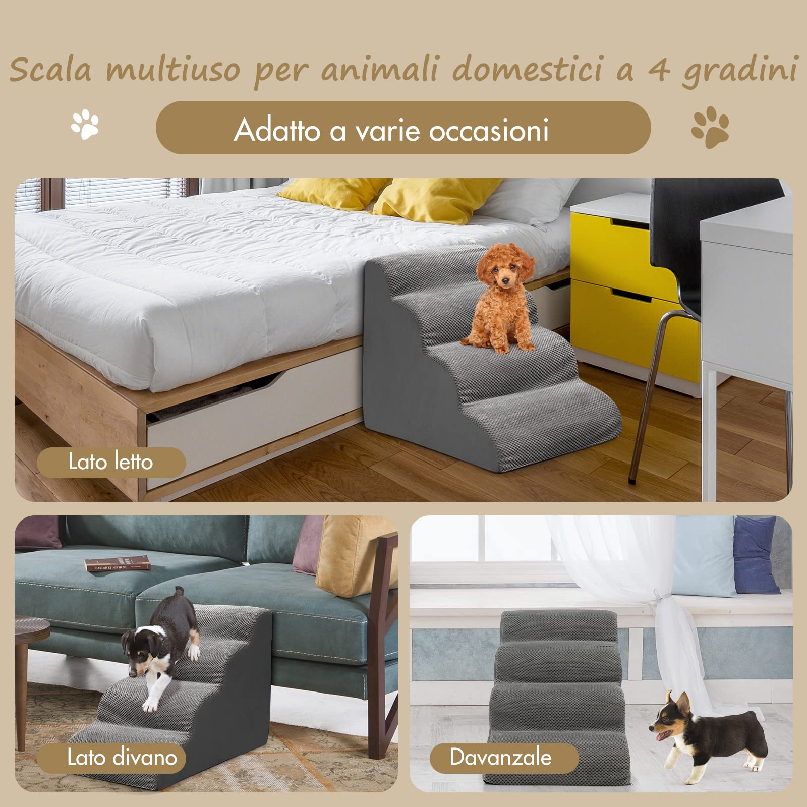 COSTWAY Rampa per Cani con 4 Scalini in Schiuma, Scala per Animali con Copertura Lavabile con Cerniera, Ideale per Animali Piccoli, Anziani e Feriti, 41 x 72 x 51 cm, Portata 30 kg