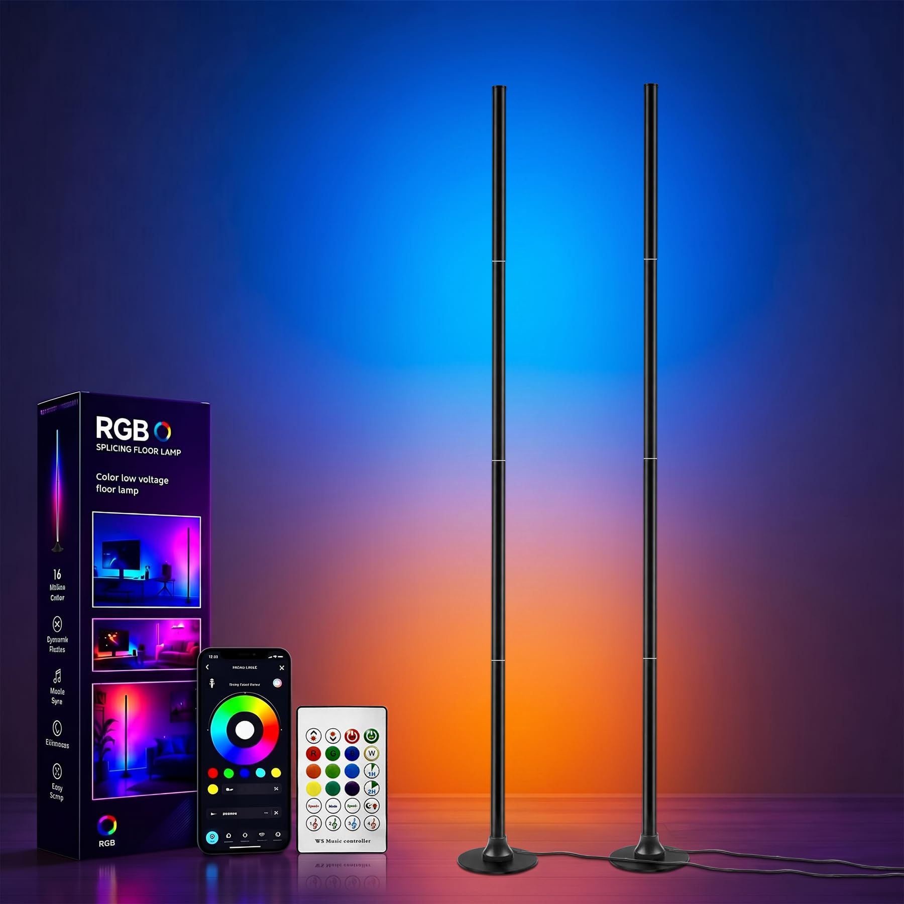 sylvwin Lámpara de pie LED, lámpara de esquina LED de 160 cm con aplicación y mando a distancia, lámpara inteligente de 16 millones de colores para salón, dormitorio y zona de juegos – Pack de 2