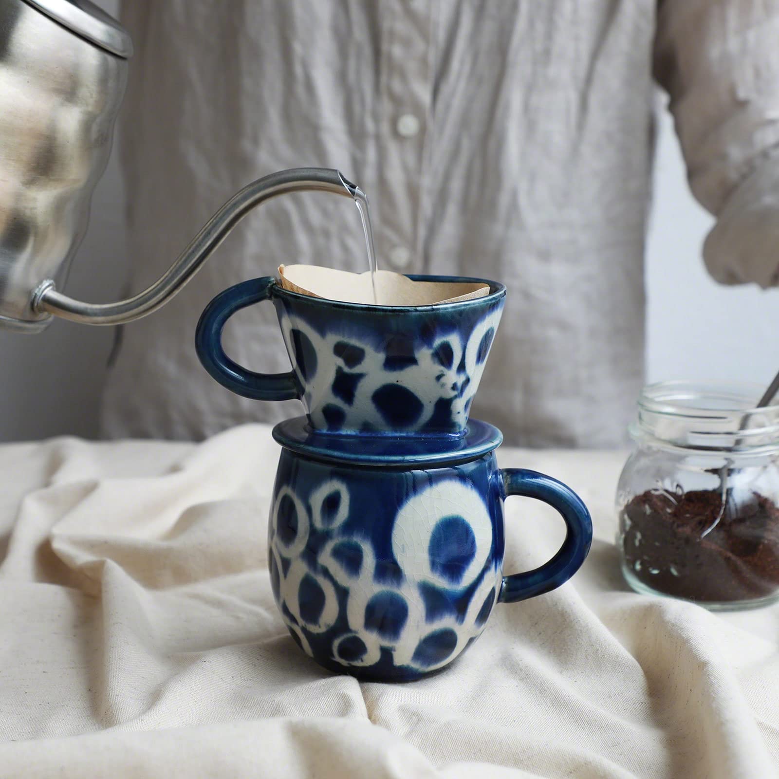 Asayu Japan Keramische Giet Over Koffie Set in Oceaanblauw met Papieren Filterhouder en Druppelaar met 3 Gaten voor Koffie en Thee - Koffie Druppelaar