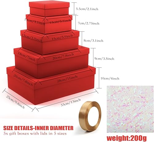 Vista 2 de Coobbar Cajas de regalo de graduación, paquete de 5 cajas cuadradas con tapa y papel de relleno triturado, cajas de regalo de varios tamaños, cajas