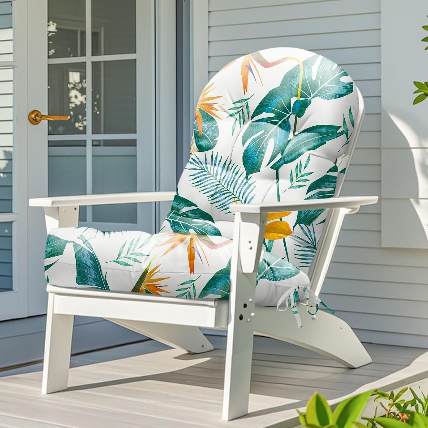 Adirondack Chair Cushion Waterproof Indoor Outdoor Rocking Chair Cushion 44 Inches Patio High Back Chair Cushions Thickened Adirondack Rocking Chair Cushions with Ties, Yellow-Green Leaf