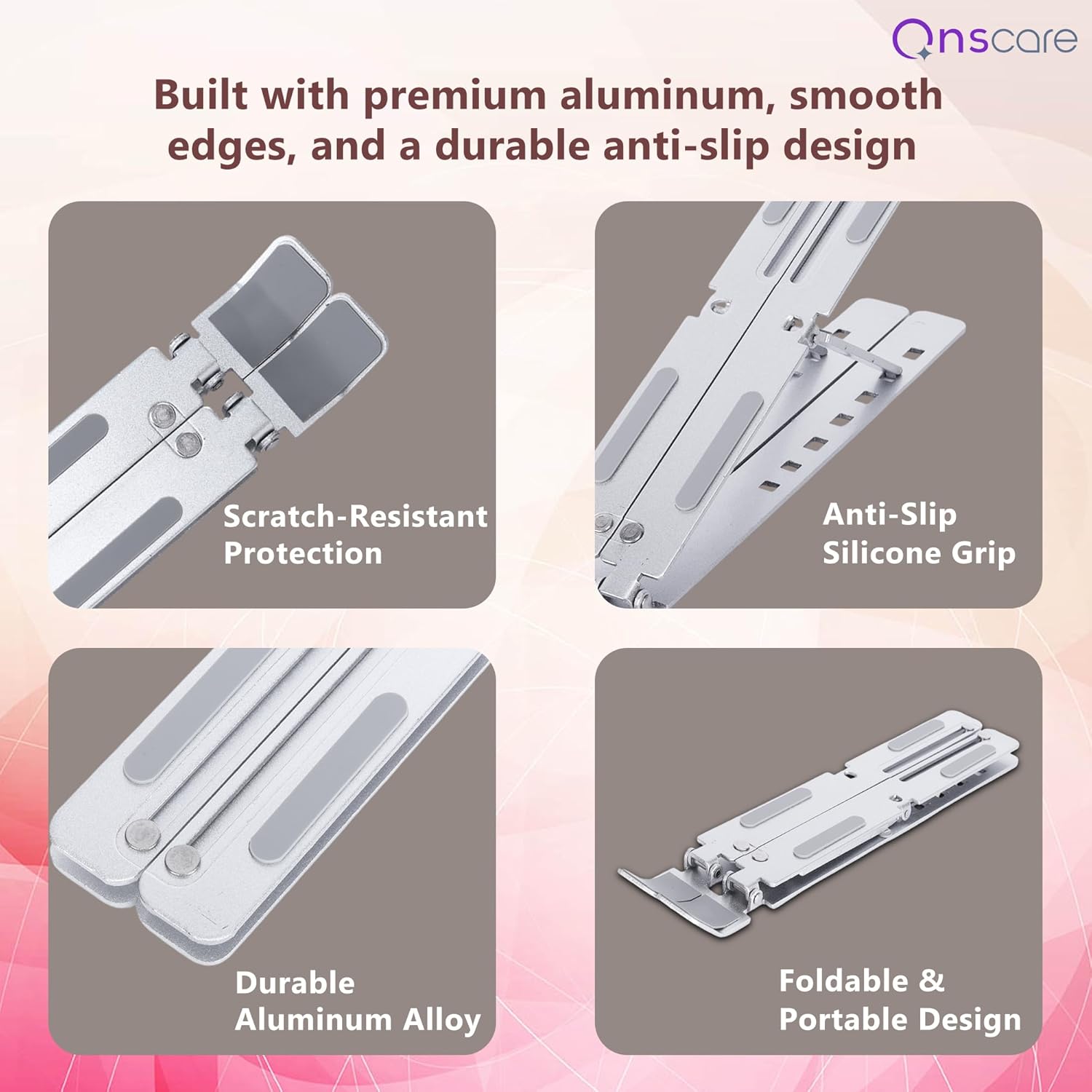 Adjustable Aluminum Laptop Stand 7 Angle Ergonomic Foldable Portable Riser Holder for Desk, Compatible with MacBook, Dell, HP, Lenovo & All Laptops/Tablets (Silver)