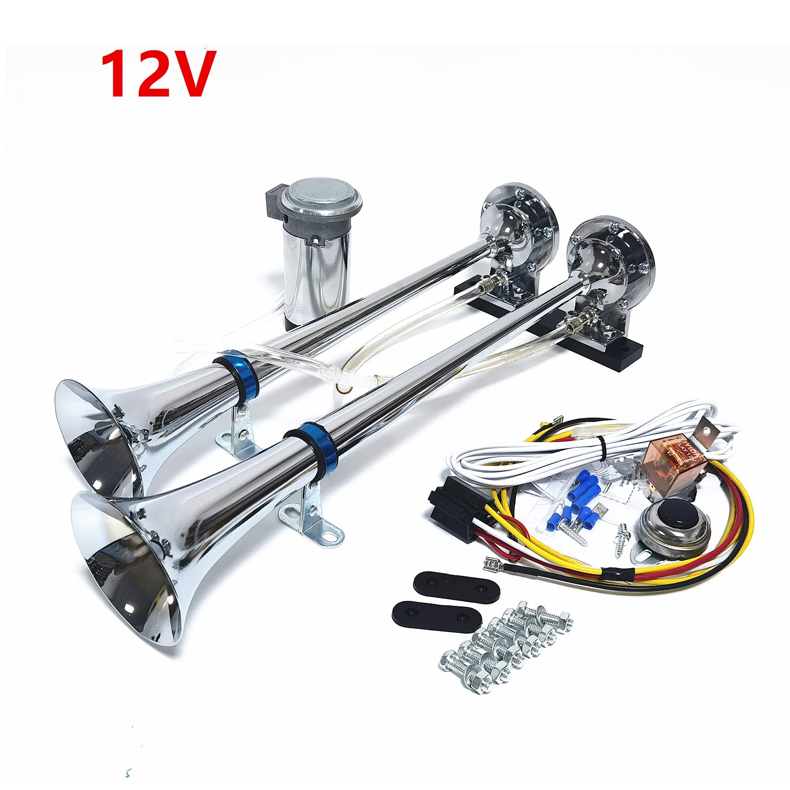 Tromba d'aria Car Horn 12V Air Horn Clacson doppio tubo clacson alto e basso 165db Tromba per camion in argento cromato con zinco con pompa ad aria per camion 12V van moto barca treno ecc
