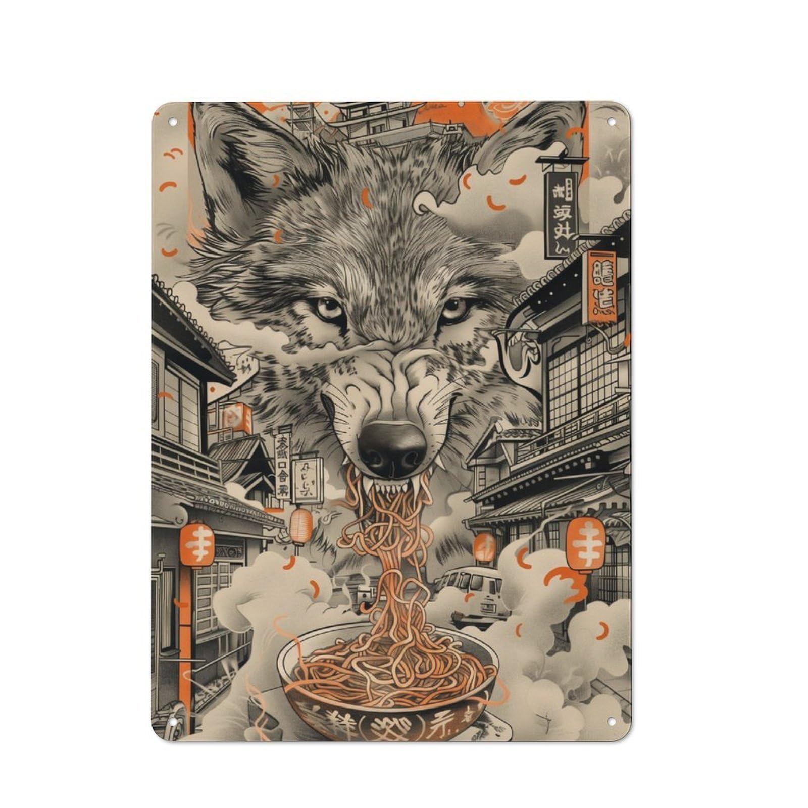 Junmoney Wolf Ramen Noodles Japan Tin Wall Plaque 40X30cm With For Home Bar Wall, For Hosts Who Enjoy Retro Interiors