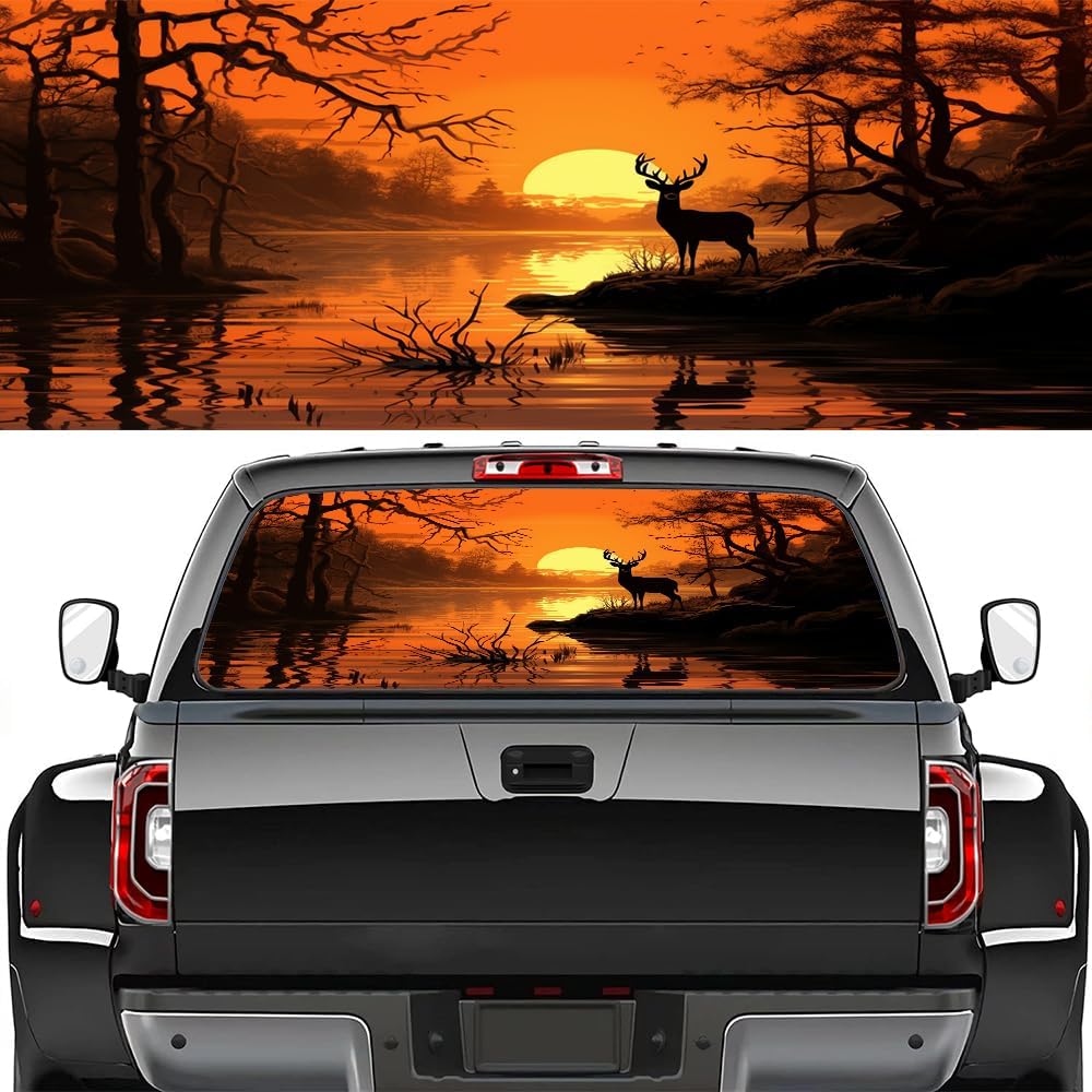 Watercolor Deer Pickup Truck Decals Rear Window, Rustic Woods Animals River Sunset Automotive Decals and Graphics Rear Window Decals for Trucks, Car Window Decal Sticker 66 x 22 inch