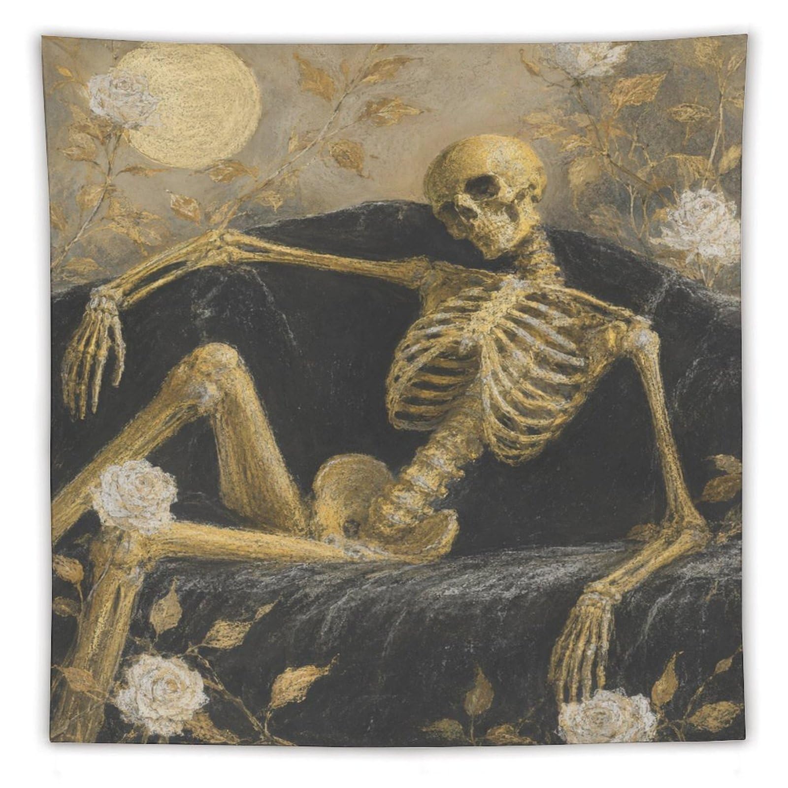 W7C8U2X3 Skeleton in Coffin Wall Tapestry, Fantasy Illustration, Office