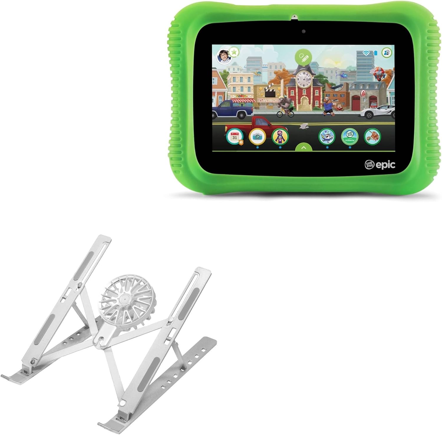 BoxWave Stand and Mount Compatible with Leapfrog LeapPad Epic Academy - QuickSwitch Stand with Cooling Fan, Portable, Multi Angle Viewing Ventilator - Metallic Silver