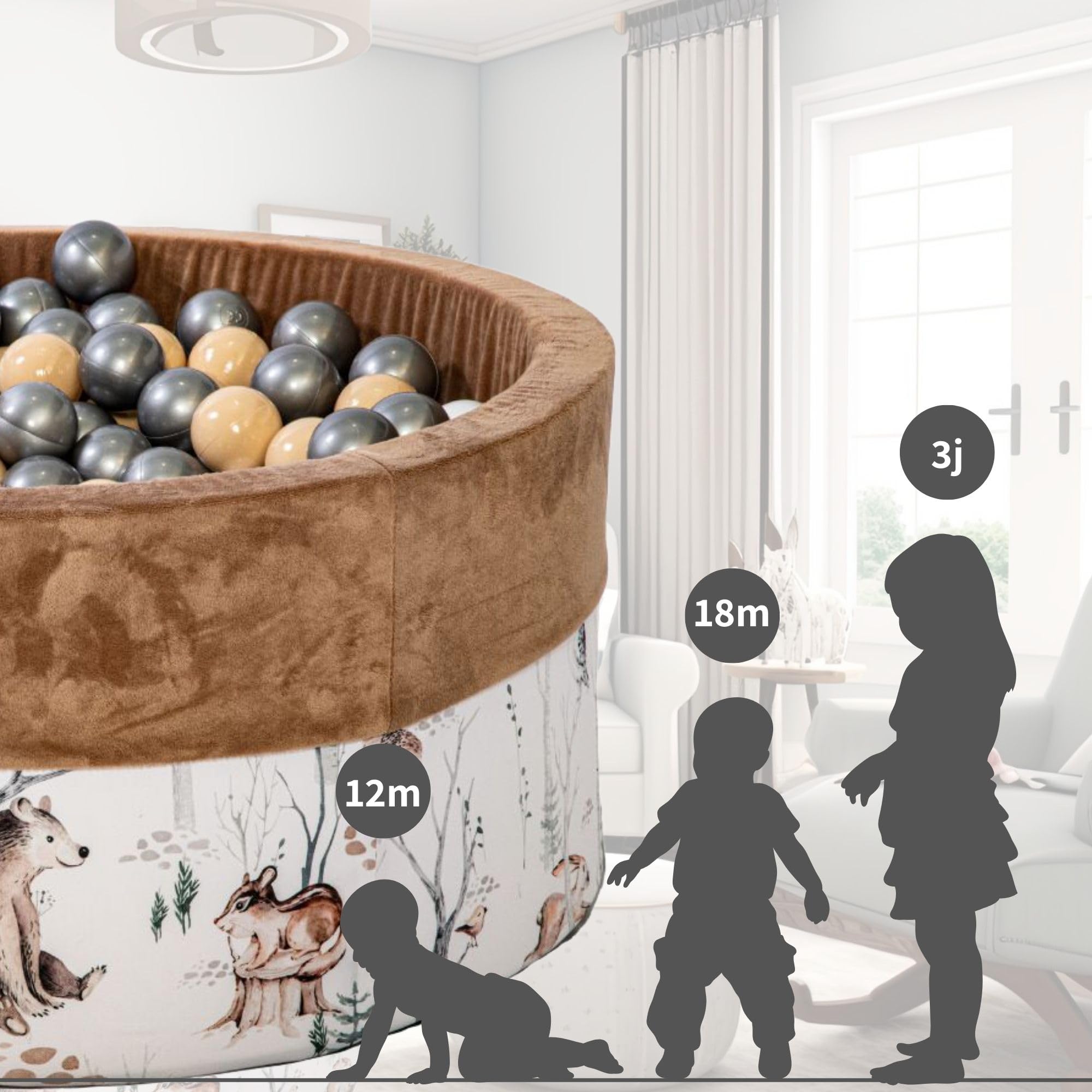 GoldenGroup Baby-Forest-Freunde Bällebad 90x40 cm mit 200 Bällen - Samt und Schaumstoff Rund in Cappuccino: Weiß, Beige, Silber