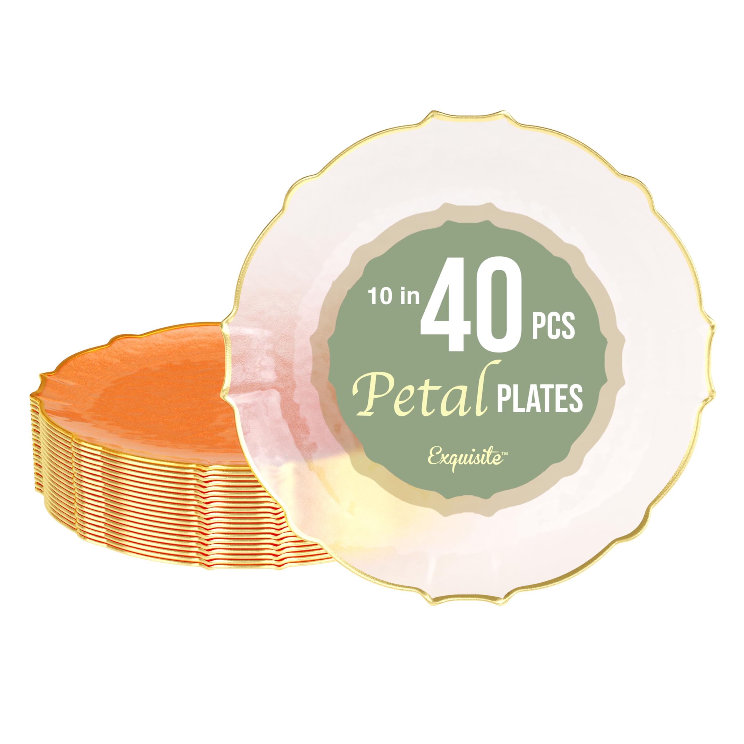 Exquisite Elegant Plastic Plates for Party - 40 x 10 inch Coral Peach & Gold Rim Dessert Plates - Thin, Delicate, Disposable