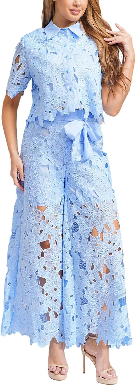 2 Piece Lace Outfits for Women Lace 2 Piece Set Outfit Floral Pants Suit Eyelet Short Sleeve Crop Top and Wide Leg Pants Set