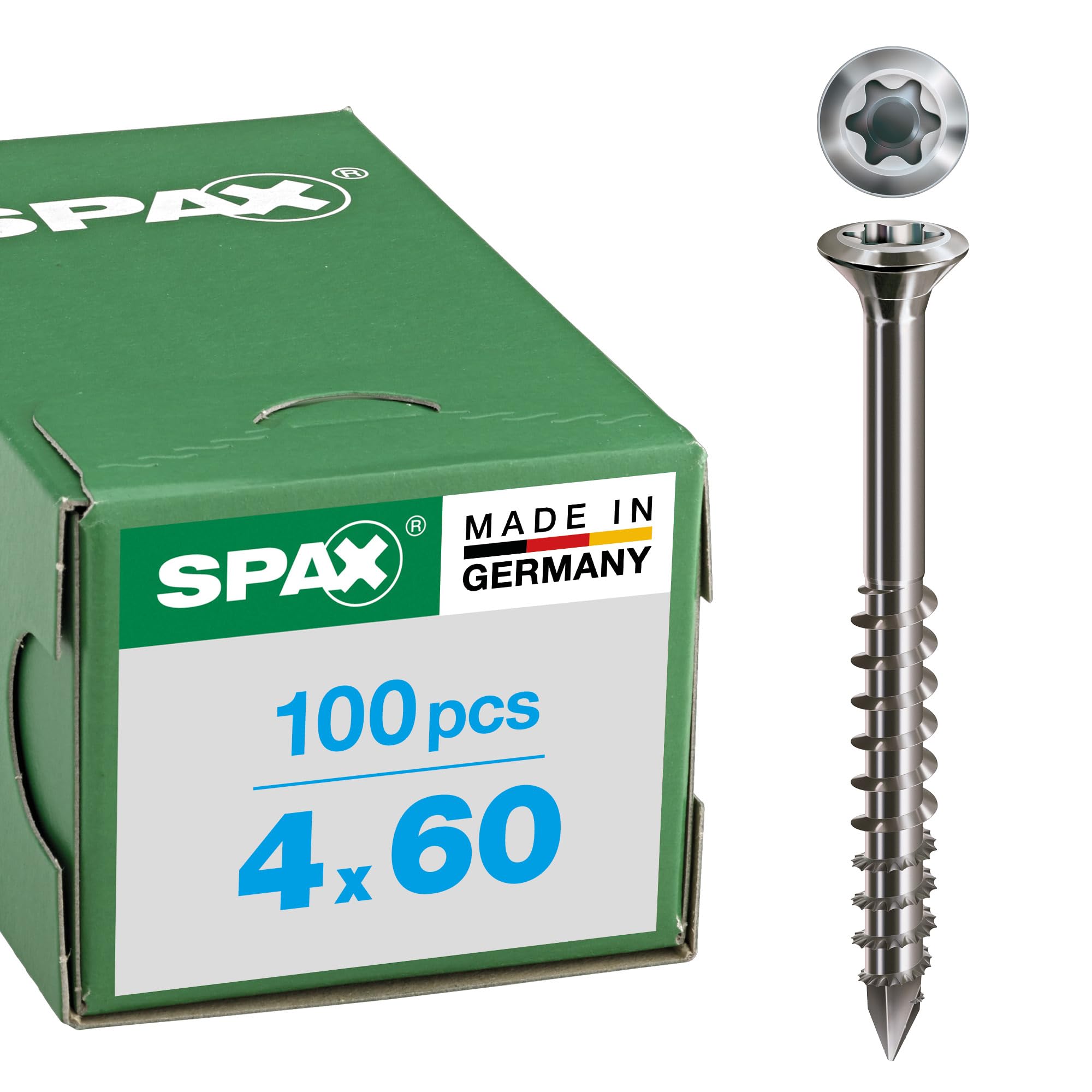 SPAX Facade Screw, 4 x 60 mm, Pack of 100, Partially Threaded, Raised Countersunk Head, Extra Small, T-Star Plus T15, Cut Tip, Rustproof Stainless Steel A2-0467000400603