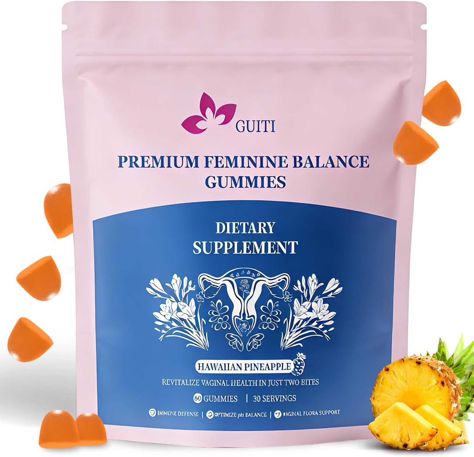 GUITI Premium Feminine Pineapple Gummies for Women, Pineapple Flavored, Vegan, Gluten-Free, 60 Gummies ﻿