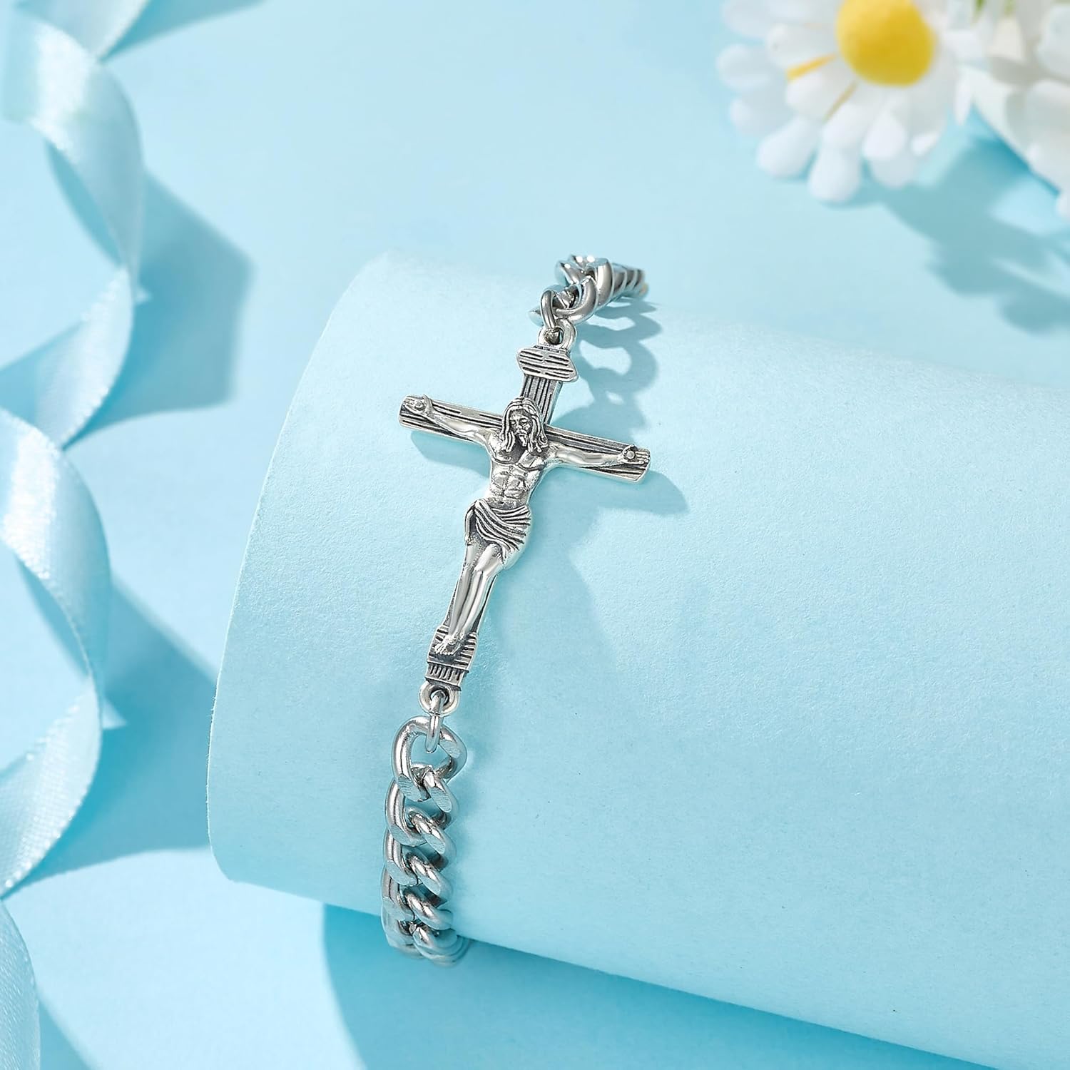 Cross Crucifix Bracelet for Men Sterling Silver Jesus Cross Catholic Jewelry Gift for Men - Image 4