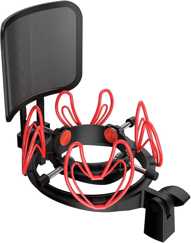 Universal Microphone Shock Mount with Pop Filter for Condenser Microphones Size at 21-62mm Anti-Vibration Mic Holder Clip(Red)