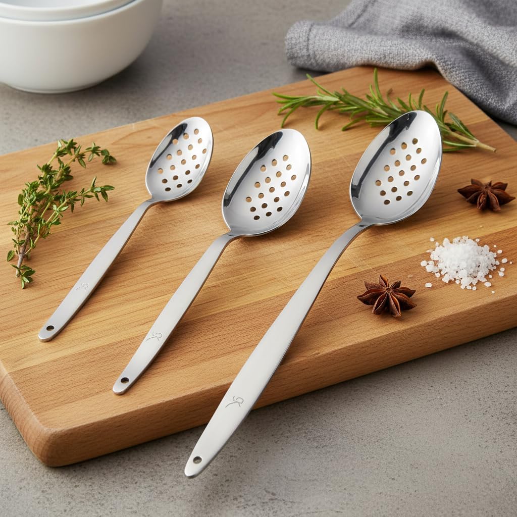 3-PCS Kunz Spoon | 9 Inch 18/10 Stainless Steel Serving Spoons Set Include Serving Spoon, Slotted and Perforated Spoons, Perfect for Basting, Plating, Quenelle, Sauces (3 Pack XL Perforated)