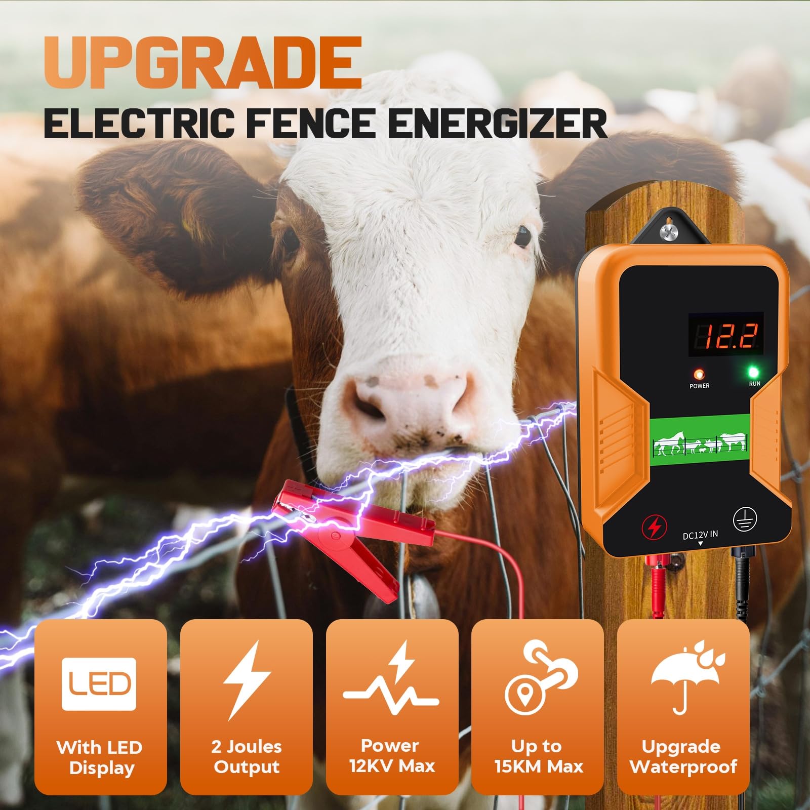 15KM Pastor electrico , cerca eléctrica Controlador de pulso de alto voltaje seguro Granja de animales Cerca eléctrica Pastor Granja de animales Pastor eléctrico para vacas, ganado, caballos (Negro)
