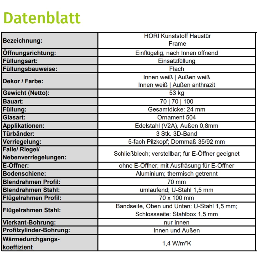 HORI Haustür Eingangstür Komplettset – Robuste Hauseingangstür mit moderner Optik, hoher Wärmedämmung & Sicherheit, Farbe: anthrazit (innen weiß) - DIN links - Modell: Frame - 198 x 98 cm