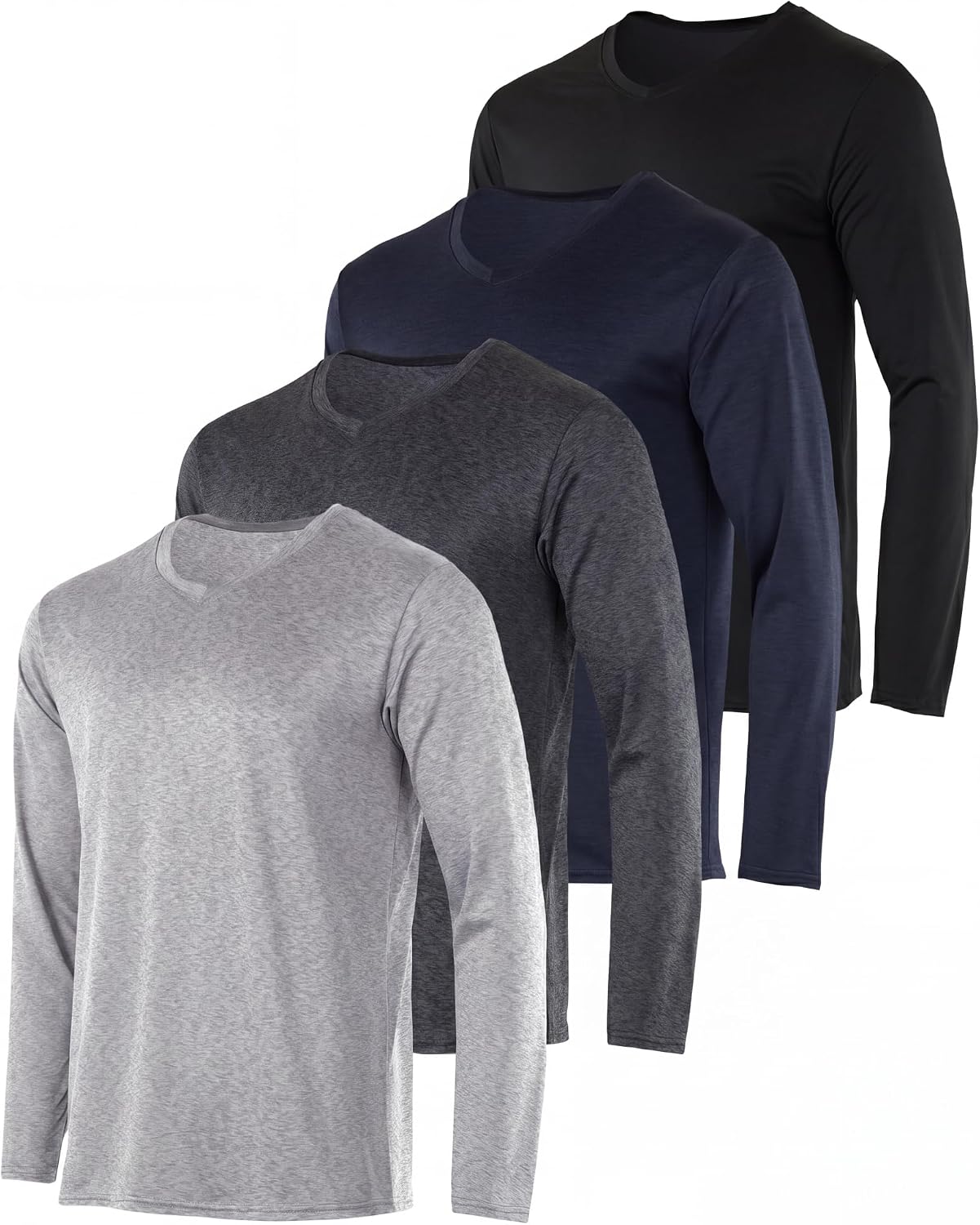 Real Essentials 4 Pack: Men's Dry Fit Long Sleeve V-Neck Active T-Shirt - Athletic Outdoor UPF 50+ (Available in Big & Tall)