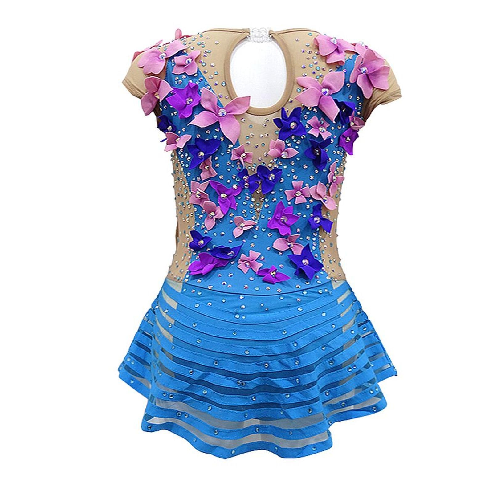 LIUHUO Maillot de gimnasia rítmica tridimensional con flores artificiales para rendimiento y competición