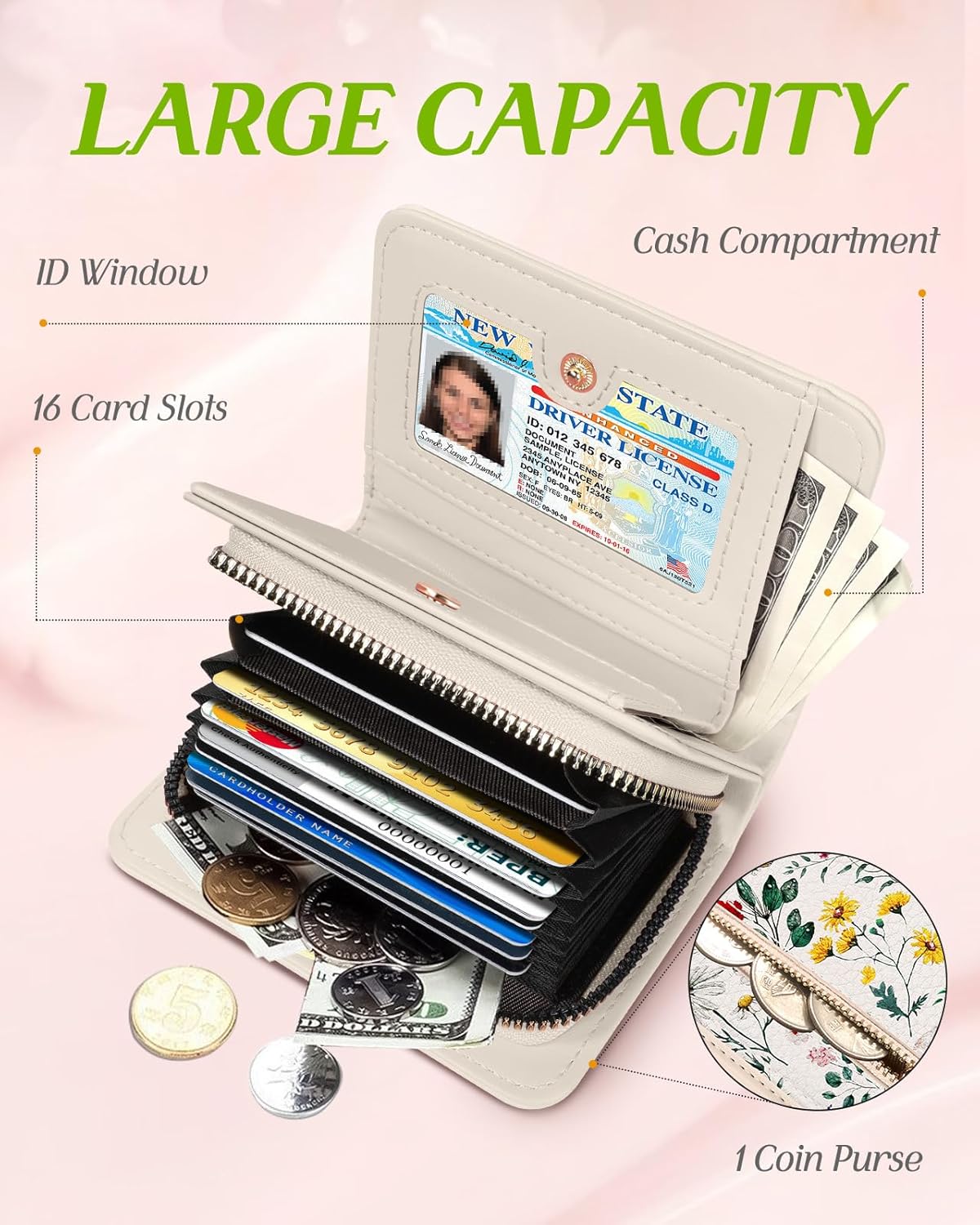 Bistup Credit Card Holder Wallet for Women Cute Leather Ladies Teen Girls Female Cardholder Wallets Accordion Purse Small Medium Aesthetic Print Flower Floral Modern Design Rfid Zipper Around - Image 3