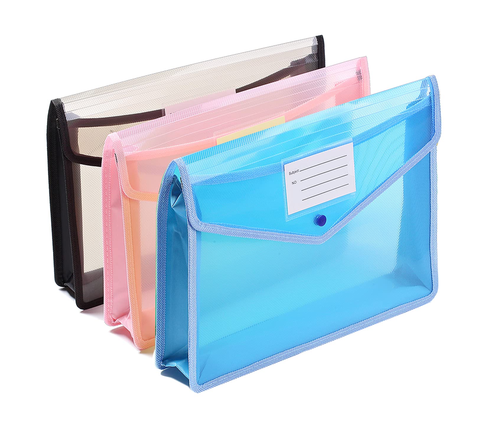 Beliky Plastic Expanding File Wallet Envelopes Document Folders Snap Button Closure with Business Cards Holder A4 Size 3 Packs