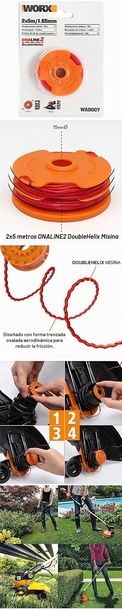 WORX W0007 - Cortabordes para cortabordes WORX WG118E y WG119E | Bobina de hilo de repuesto resistente con 2 x 5 m de longitud y 1,65 mm de diámetro
