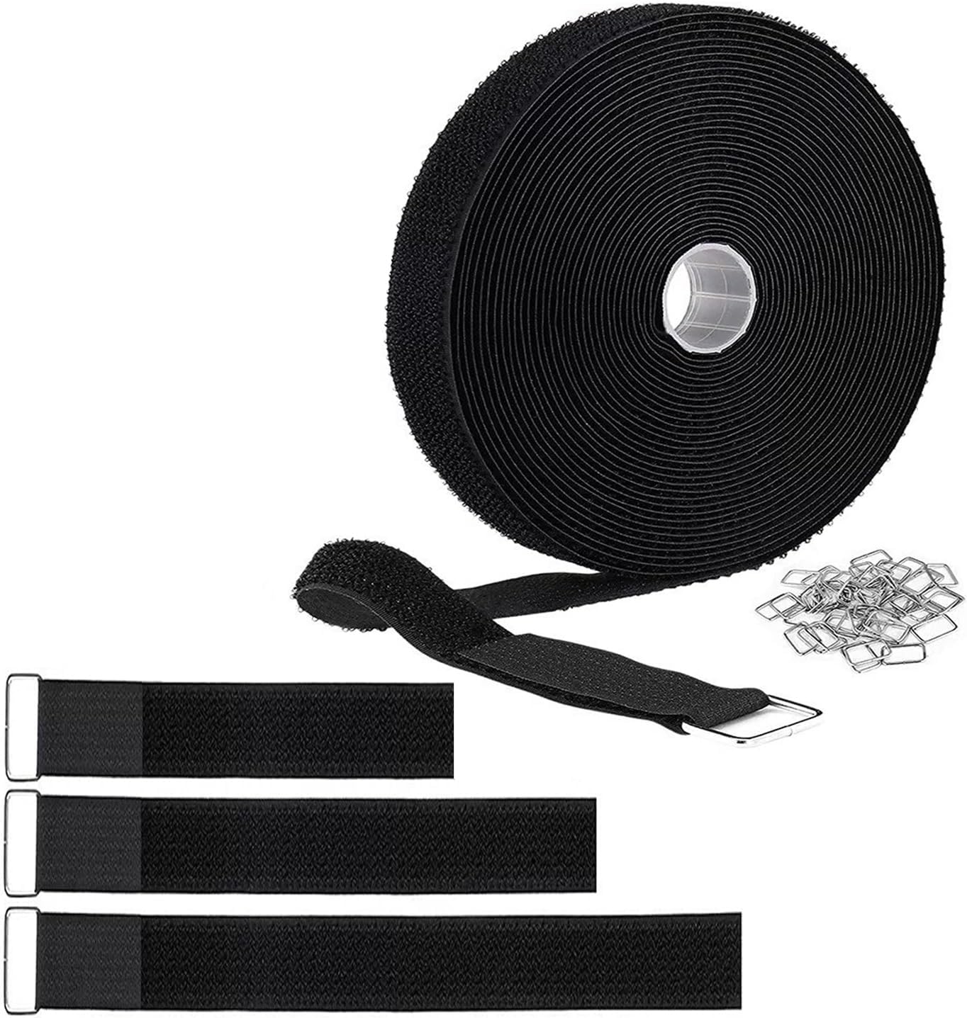 1 Inch x 16 Ft Adjustable Hook and Loop Cable Straps with 25 Metal Buckles, Cut-to-Length Reusable Fastening Ties for Organizer Storage Wire Management