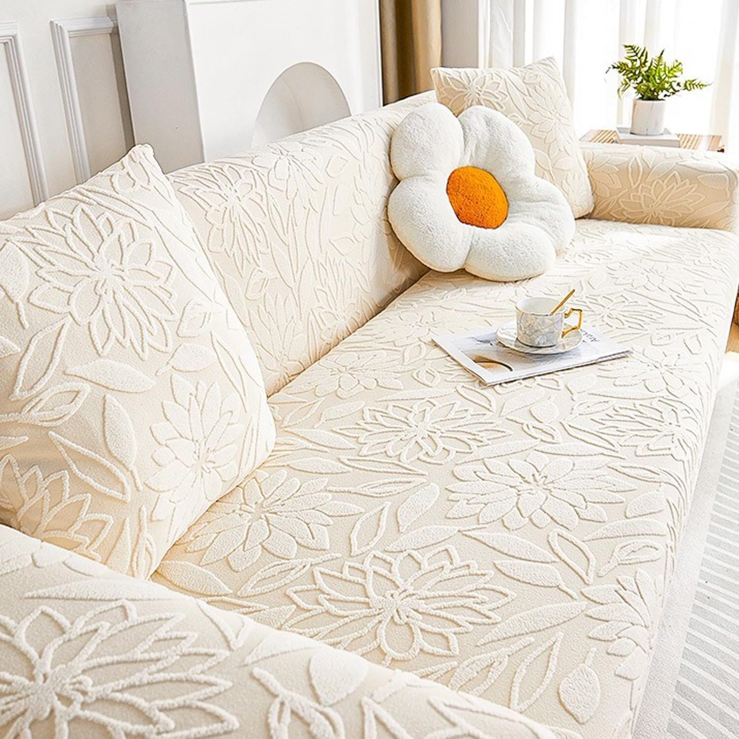 Upgraded Couch Covers - Jacquard Plush Sofa Cover Wear-Resistant Universal Stretch Sofa Slipcover Washable Anti-Scratch Couch Cushion Cover for All Seasons Pet Friendly Furniture Protector(Warm white,