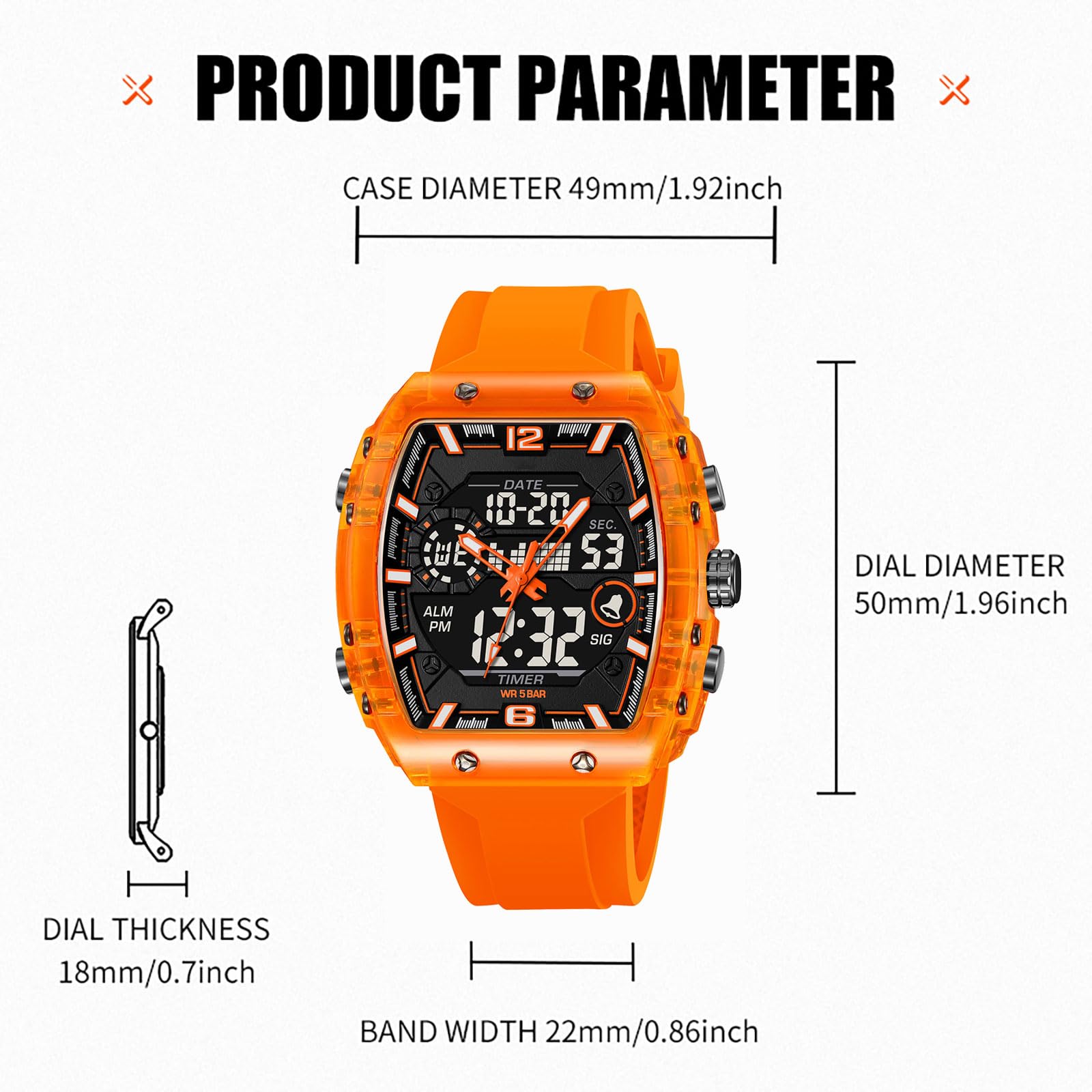 findtime Herren-Armbanduhr, Sport, einzigartig, digital, analog, wasserdicht, für Männer und Frauen, Stoppuhr, Alarm, coole Chronograph-Uhr, Silikonband, Armbanduhr, transparent, großes rechteckiges