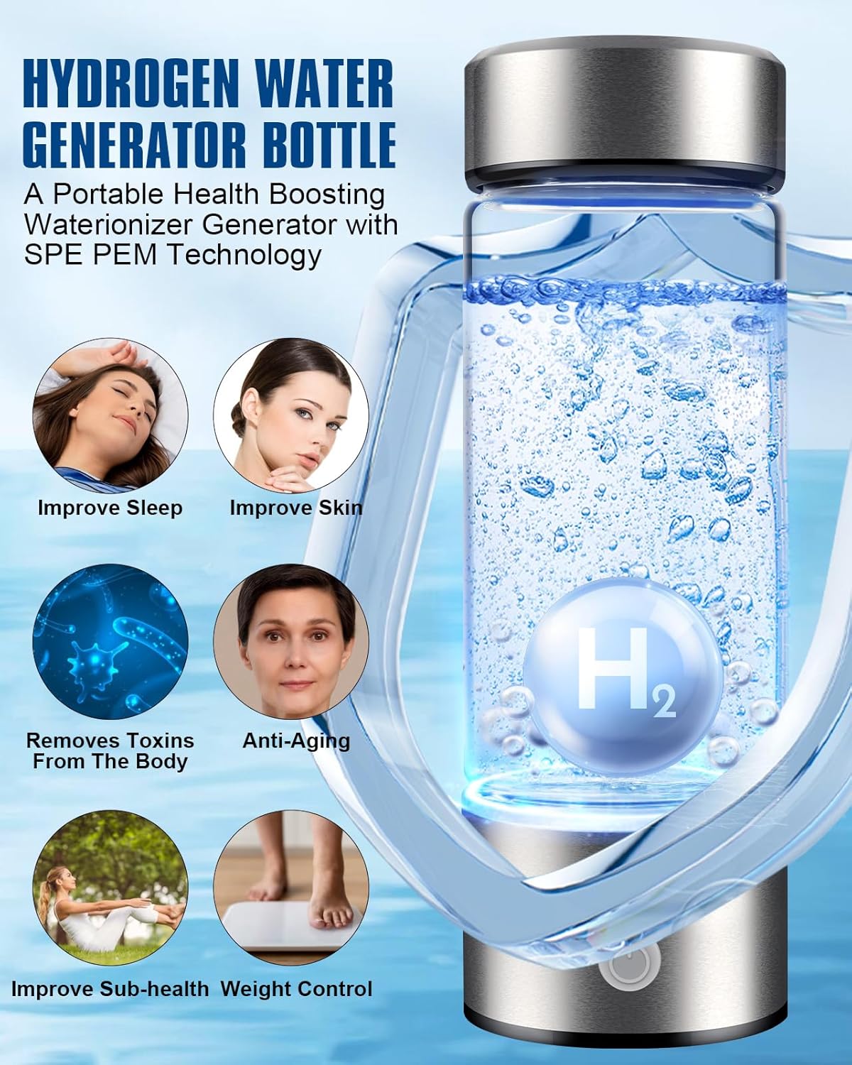 Hydrogen Water Bottle Ionizer Machine With SPE PEM Technology - Generator for Office, Travel, Fitness, Daily Drinking