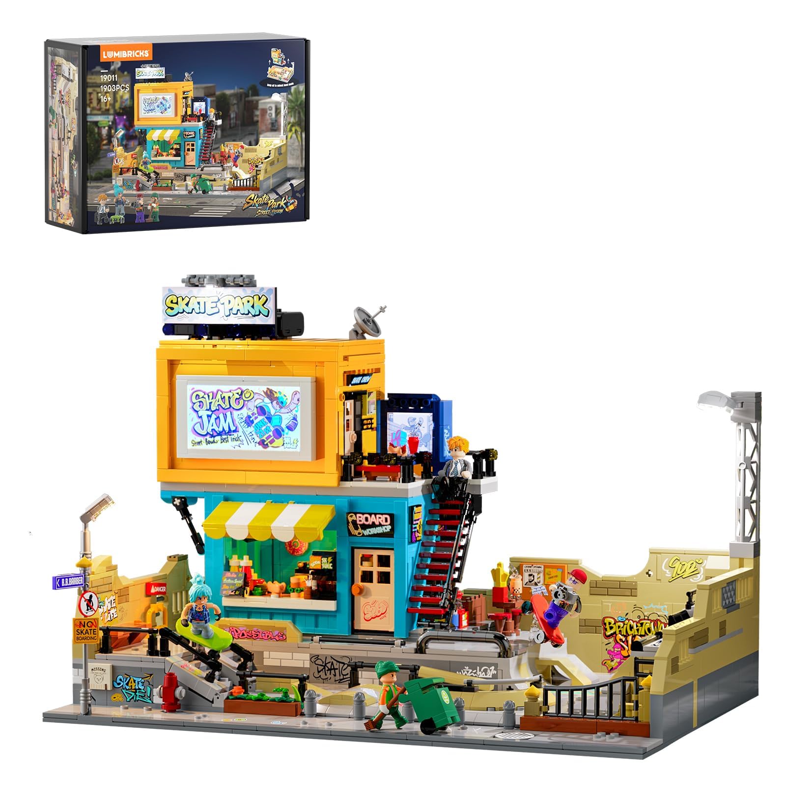Skate Park Lighting Building Blocks Set - Street Fusion City Town Modular Playset Collection Display kit with Minifigures 1903 Pcs for Adults & Teens & Life Enthusiasts