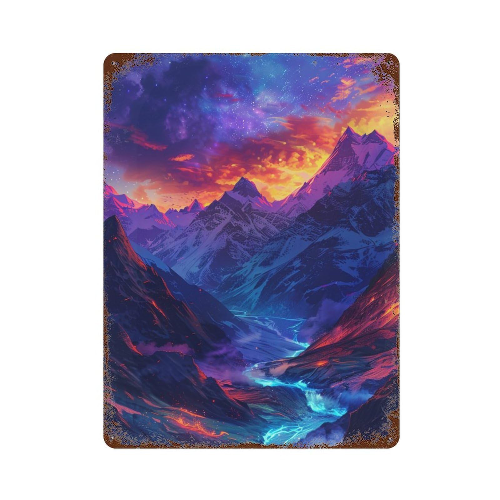 Fantasy Mountain Sunset Landscape Aged Metal Wall Plaque 15.7"x11.8", for Office, Studio And Wall Decor, Novelty Wall Decor